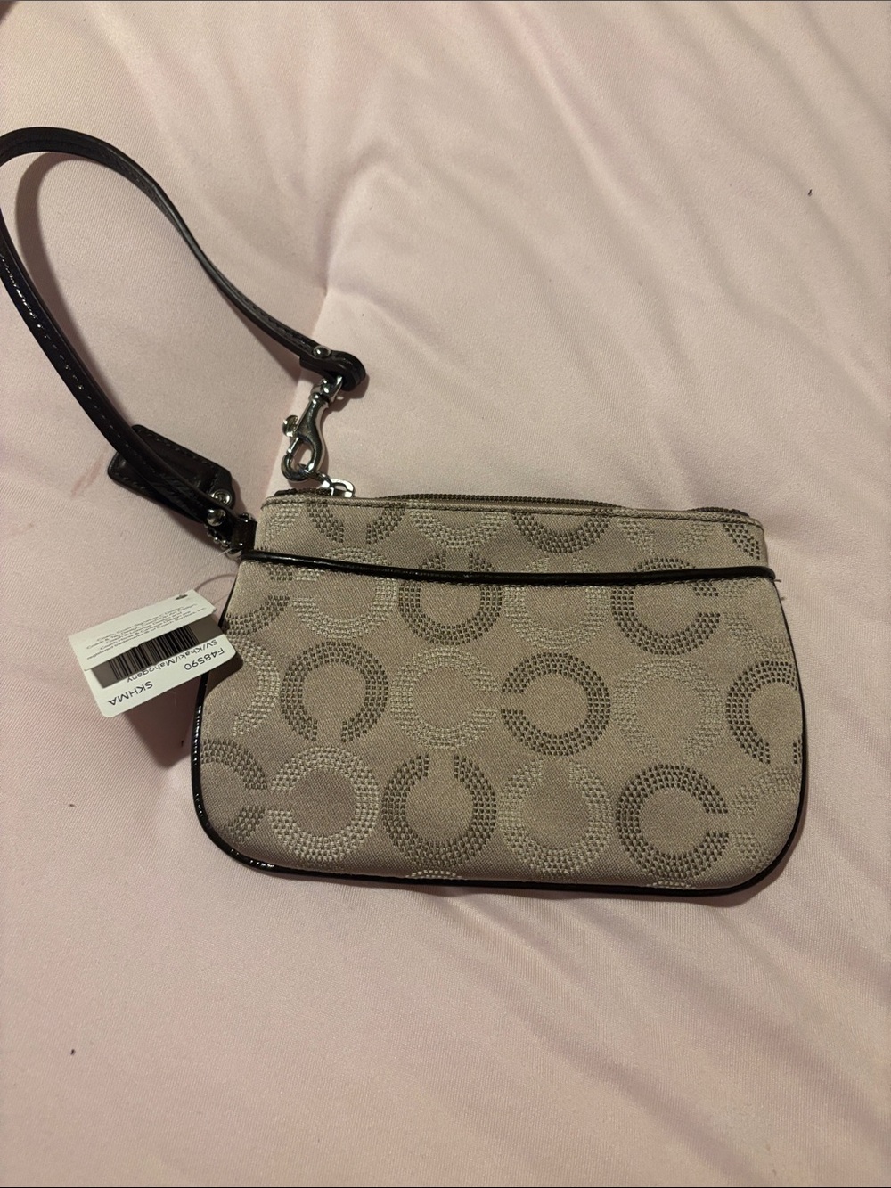 Coach Beige Signature Canvas Wristlet with Dark Brown Trim and Strap